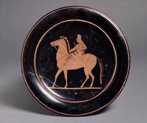 Attic red-figure plate showing a mounted archer in oriental costume, inscribed Miltiades kalos, 520-510 BC